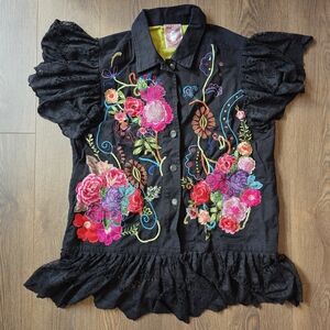 Embroidered Black Floral Button-Up Blouse